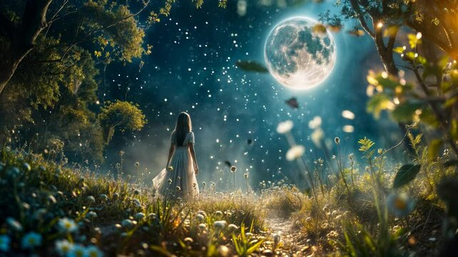 A girl stands in a magical forest with glowing stars and a large, radiant moon in the sky, creating a whimsical atmosphere.
