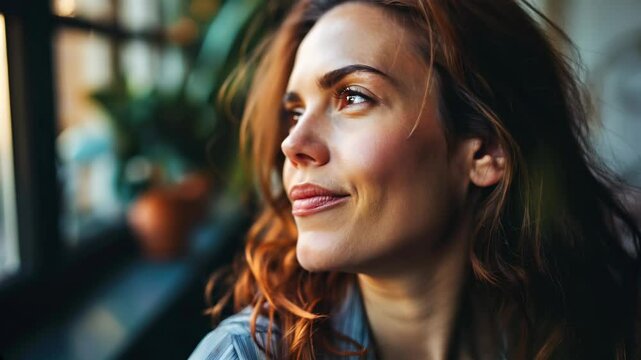 A peaceful portrait of a woman with closed eyes, enjoying the calm moment while basking in sunlight by the window.
