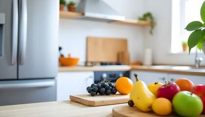 Fruits on a wooden board on a wooden table, kitchen with wooden furniture and a wooden countertop in the background