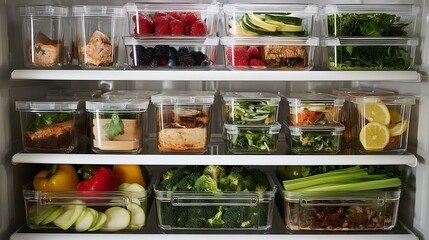 An organized refrigerator shelf stocked with stackable containers filled with pre-cooked meals, fresh greens, and sliced fruits for the week