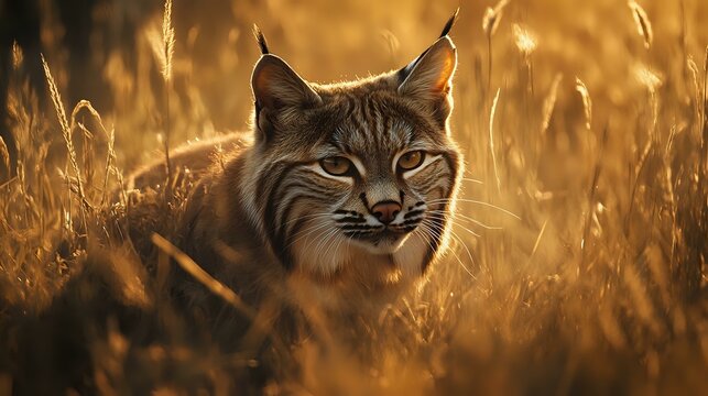 A fierce bobcat hiding in tall grass, focused eyes tracking prey, crisp ultra-clear details capturing fur texture, warm golden sunlight illuminating scene