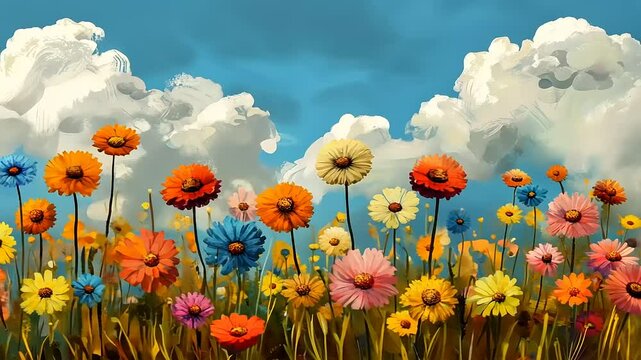 Vibrant Floral Meadow under a Sunny Sky: A Colorful Impressionist Painting