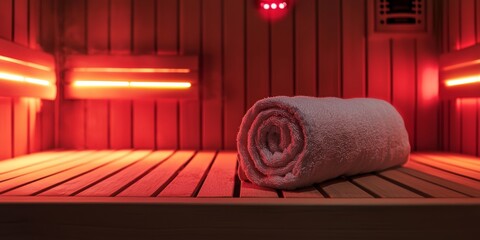 Rolled White Towel In Infrared Sauna For Health Wellness And Relaxation