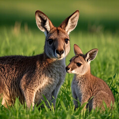 Fototapeta premium Mother Kangaroo and Baby Moment in the Natural Outdoors, AI Generator.