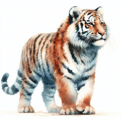 Fototapeta premium Watercolor fullbody illustration of tiger, isolated on white background, hand-painted animal art