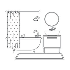 Vector Outline Illustration of Bathroom Isolated on White Background