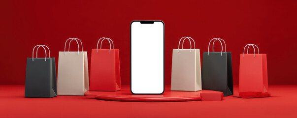 smartphone stands prominently circular platform surrounded by shopping bags various colors, creating vibrant retail atmosphere