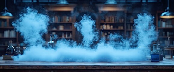 A laboratory table is covered with smoke and scientific glassware, set against bookshelves