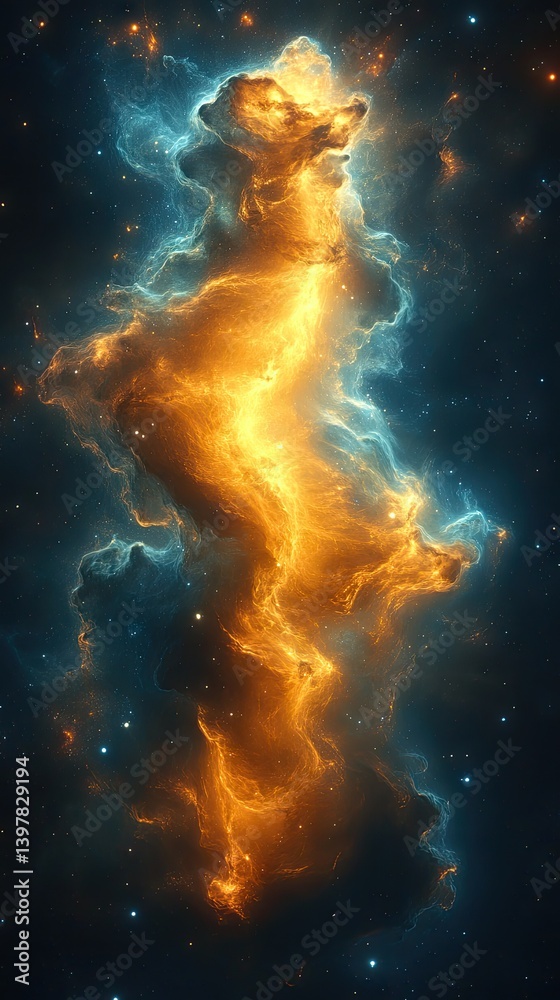 Sticker glowing celestial nebula with golden hues and surrounding blue, speckled with tiny stars in the deep