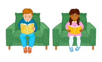 Vector Colorful Set of Illustration of Cute Children Sitting in Armchairs Isolated on White Background