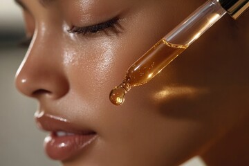 Close-up of glowing skin enhanced by serum dropper, showcasing r