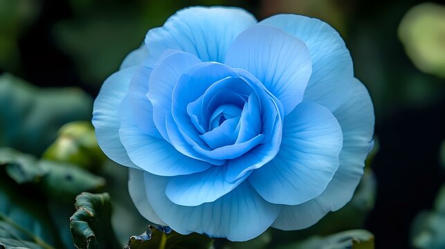 A fully blossomed sky-blue begonia, smooth silky petals forming a flawless floral pattern, ultra-detailed close-up shot, vibrant natural lighting