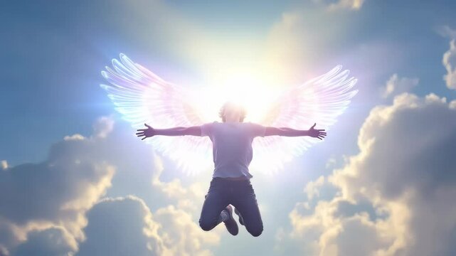 A person with glowing angel wings jumps joyfully in the sky, symbolizing freedom, hope, and spiritual enlightenment.  
