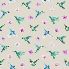 watercolor seamless pattern with hummingbirds and tropical orchids, exotic birds and purple flowers on beige background