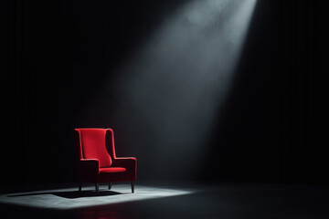 A vibrant red armchair sits under a spotlight in a dark, theatrical setting, waiting for its moment.