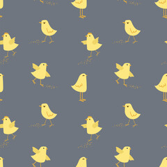 Vector seamless pattern with cute yellow chicks. Seamless pattern with little chickens on a dark background . A fun summer abstract print with a domestic bird. Vector graphics.