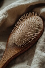Natural wooden hairbrush with unique bristle design resting on s