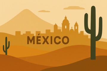 Minimalist Mexican Scenery with Cacti and Mountain Backdrop