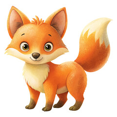 Fototapeta premium Adorable fox, orange fur, bushy tail, charming expression, standing against a black background. A delightful illustration of a friendly woodland creature.