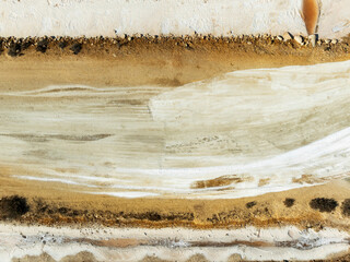 Aerial view of Bonanza salt works with beautiful patterns and earthy tones, Sanlucar de Barrameda, Cadiz, Spain.