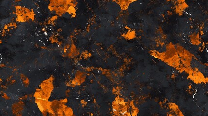Abstract textured surface with orange and black markings.