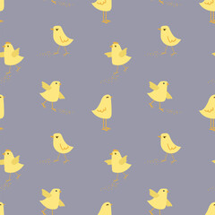 Vector seamless pattern with cute yellow chicks. Seamless pattern with little chickens on a dark background . A fun summer abstract print with a domestic bird. Vector graphics.
