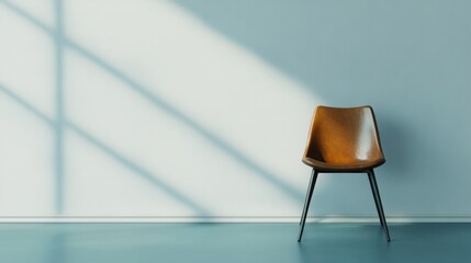 Leather chair with metallic legs placed on a matte blue floor, white background wall creates high contrast