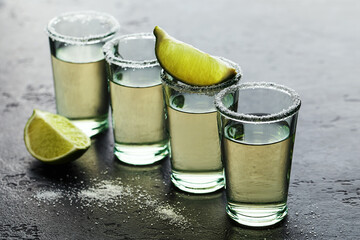 Close up view of four tequila shots in a row with lime and salt on dark concrete background