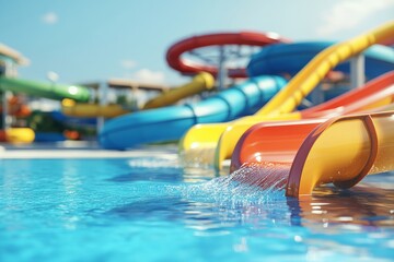 Vibrant water park featuring colorful slides and a luxury pool amidst a sports complex background