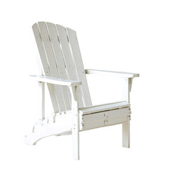 a pristine white adirondack chair stands prominently against a clean, neutral background, showcasing its classic slat design and comfortable appearance.