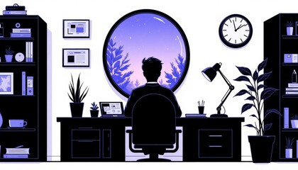 Silhouette of a person working late in a coworking space  