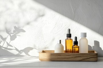 Elegant arrangement of skincare bottles showcasing warm tones an