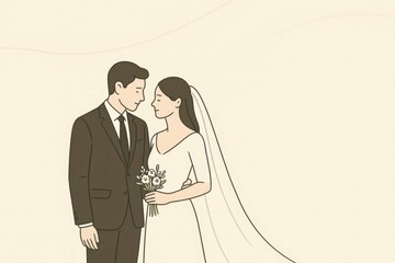 Minimalist Wedding Scene with Bride and Groom Holding Flowers