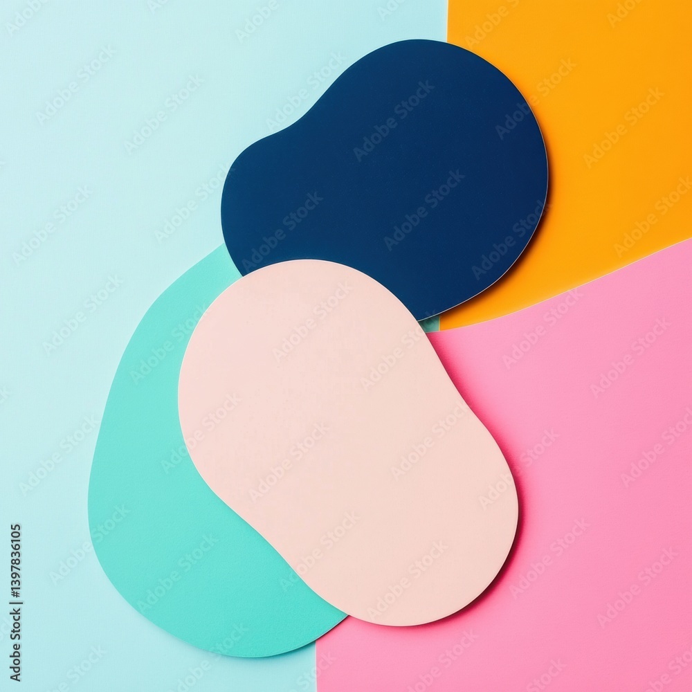Poster colorful minimalist label stickers with rounded shapes on vibrant abstract background