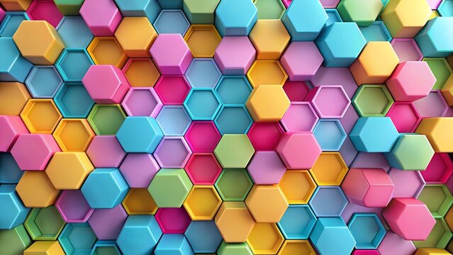 A colorful background of many hexagonal shapes in a repeating pattern and bright hues