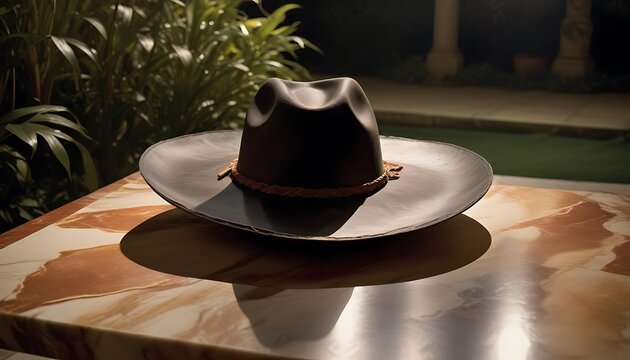 A dark brown leather cowboy hat sits atop a marbled surface.