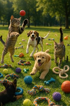 Perros y gatos jugando en el parque
