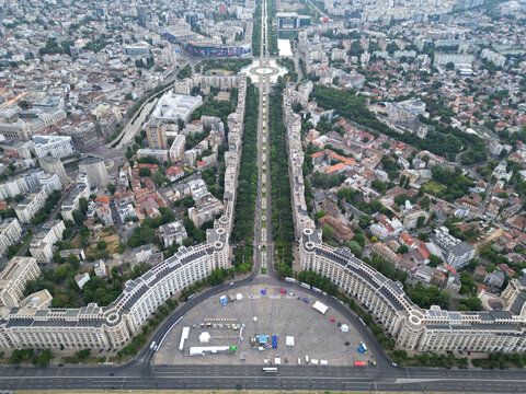 Aerial view of constitution square with beautiful buildings and greenery in downtown Bucharest, Romania.