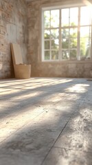 Room renovation, sunlight streams in through window, casting shadows on the floor