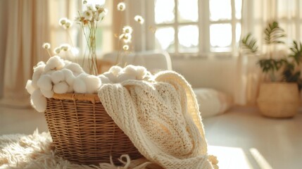 Obraz premium Cozy Knit Blanket in Rustic Basket with Flowers of excellence in splendor beyond compare with grace
