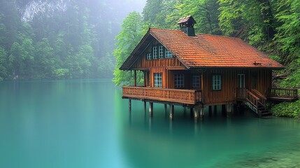 Obraz premium Serene Lakeside Cabin Retreat: A Misty Mountain Getaway