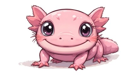 Fototapeta premium Cartoon Axolotl Smiling Pink Creature with Big Eyes Digital Art