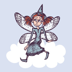 Cute elf girl sitting on cloud, little fairy, hand drawn vector illustration
