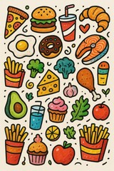Colorful Doodles of Delicious Food Items in Playful Style