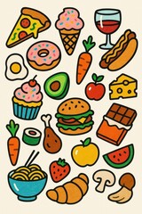 Colorful Hand-Drawn Food Doodles Featuring Various Delicious Items
