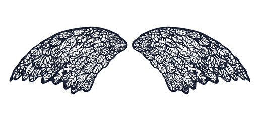 Outline hand drawn wings decorative fantasy, vector illustration isolated on white