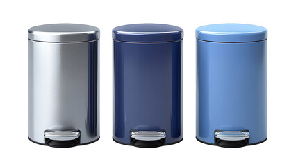 Three modern pedal bins in silver, navy, and blue colors arranged neatly on a white background