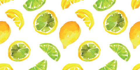 Seamless pattern of watercolor drawings of lemon, lime, citrus fruit, whole, half, sliced, vector background, paper, fabric, wallpaper, textile