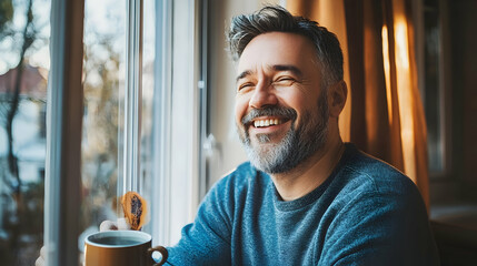 Adult man sitting by the window, enjoying a cup of coffee and smiling contently at home