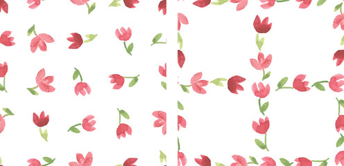 Seamless patterns of watercolor hand drawn abstract red tulip flowers, vector backgrounds, paper, textile, wallpaper, fabric